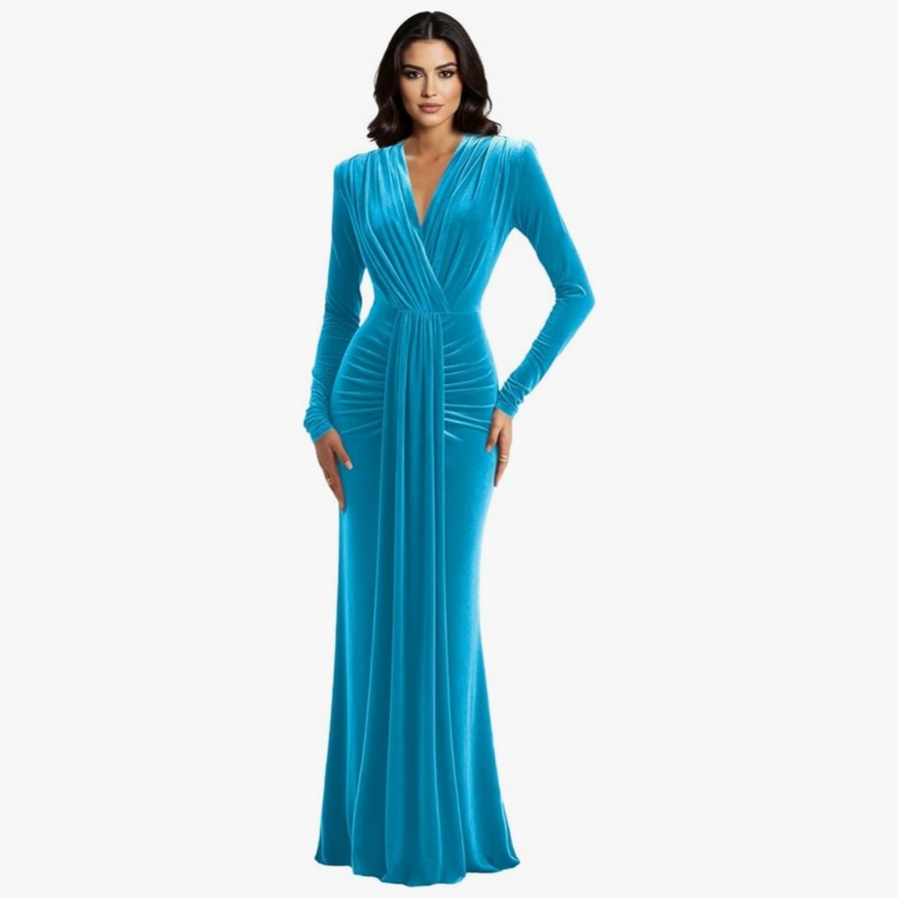 Elegant Blue Long Sleeve Velvet Dress Size 12